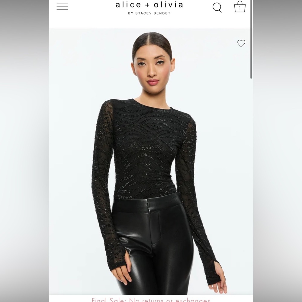 Alice + Olivia Delaina Embellished Black Beaded Long Sleeve Top / worn once /XS